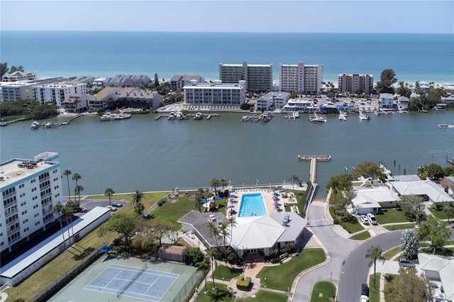 aerial view featuring a view of city and a water view