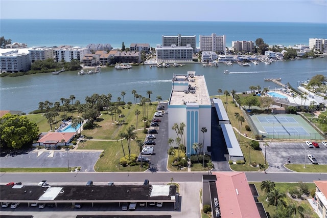 drone / aerial view with a water view and a city view