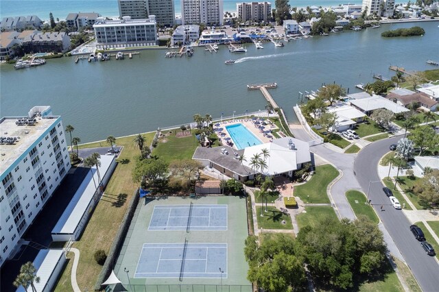 drone / aerial view with a water view