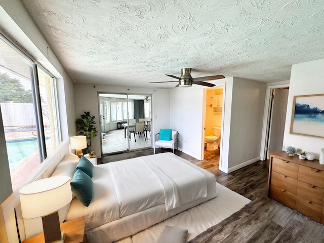 bedroom with dark hardwood / wood-style flooring, access to outside, a textured ceiling, ensuite bathroom, and ceiling fan