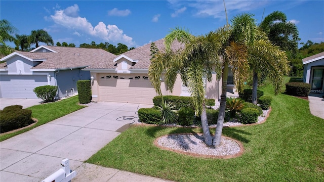 ranch-style house with a front lawn and a garage