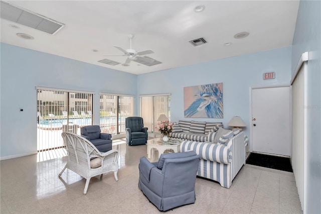 living room featuring ceiling fan