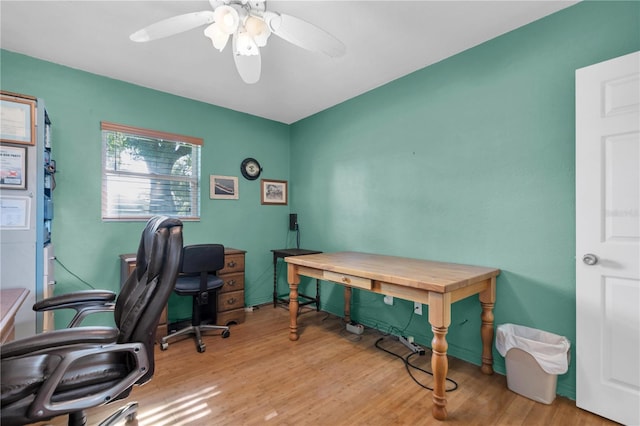 office area with ceiling fan and light wood-type flooring