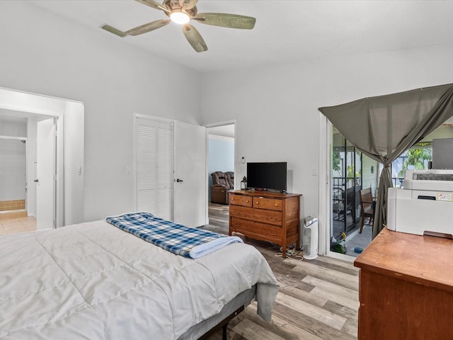 bedroom with ceiling fan and light wood-type flooring