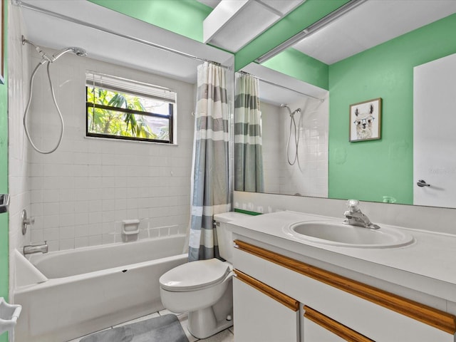 full bathroom with tile patterned floors, vanity, shower / bath combo, and toilet