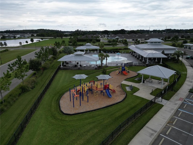 aerial view featuring a water view