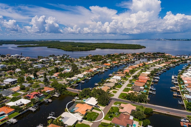 aerial view featuring a water view and a residential view