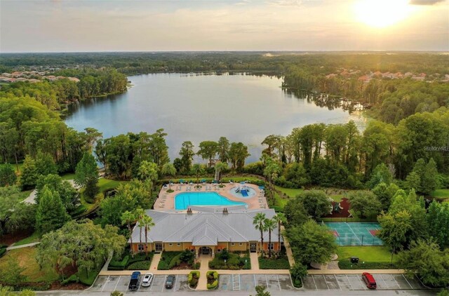 aerial view at dusk with a water view