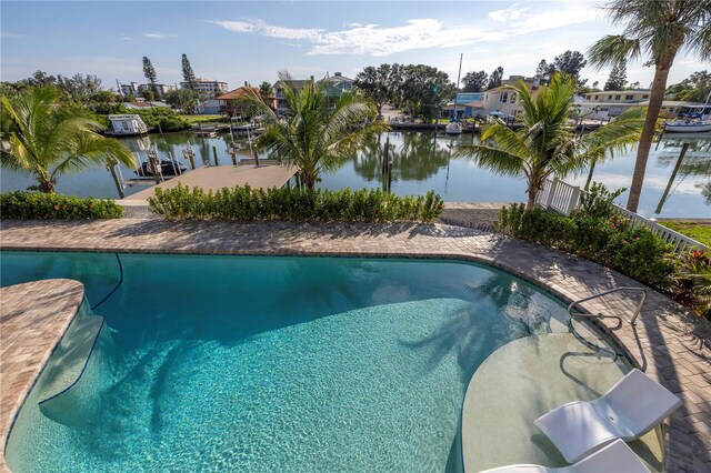 view of swimming pool with a water view