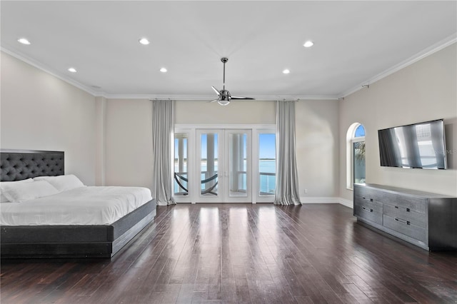 bedroom featuring access to outside, ornamental molding, dark wood finished floors, and recessed lighting