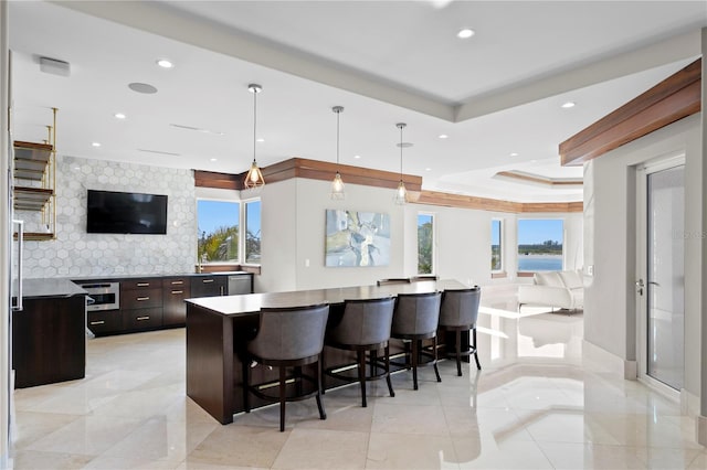 kitchen featuring plenty of natural light, tasteful backsplash, a tray ceiling, and a kitchen breakfast bar