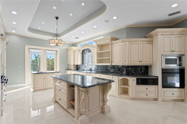 kitchen featuring open shelves and cream cabinetry