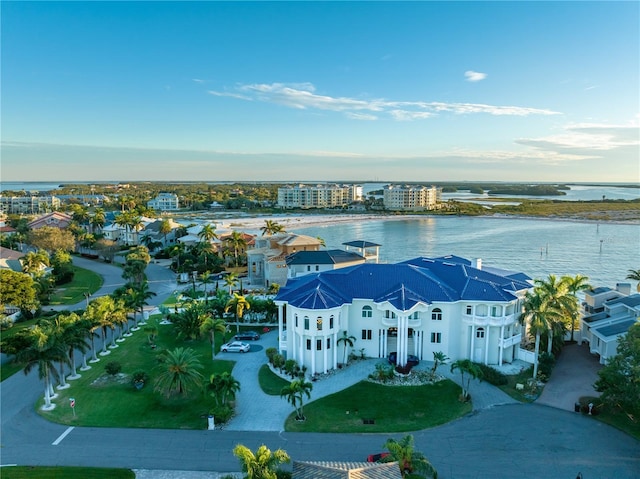 aerial view featuring a water view