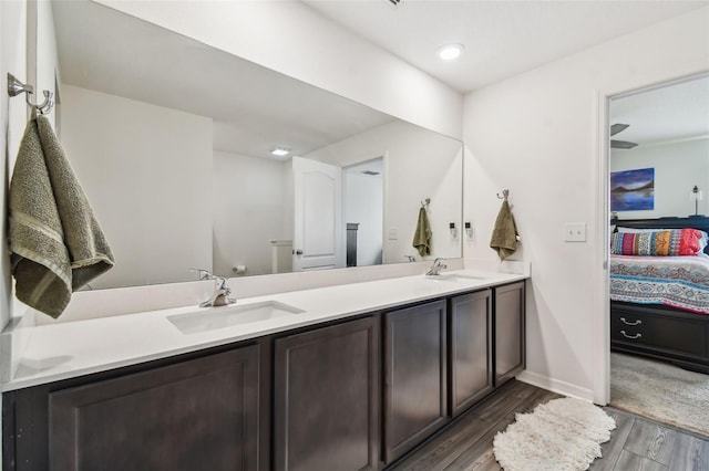 bathroom featuring dual bowl vanity and wood-type flooring