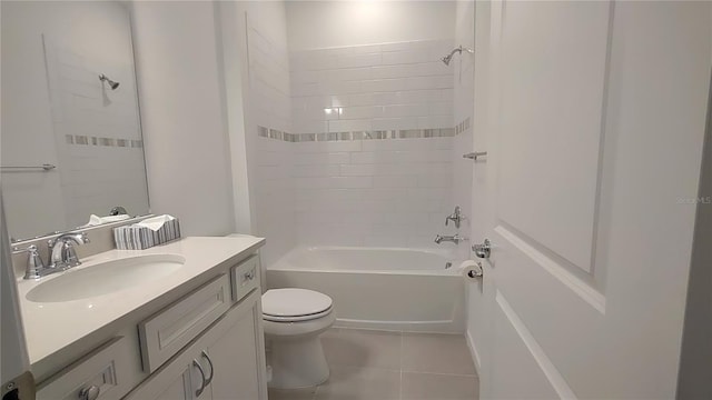 full bathroom featuring tile patterned floors, shower / bath combination, toilet, and vanity