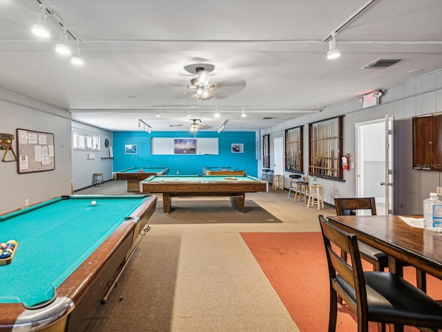 rec room with ceiling fan, billiards, rail lighting, and light carpet