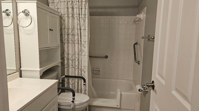 full bathroom featuring vanity, shower / bathtub combination with curtain, and toilet