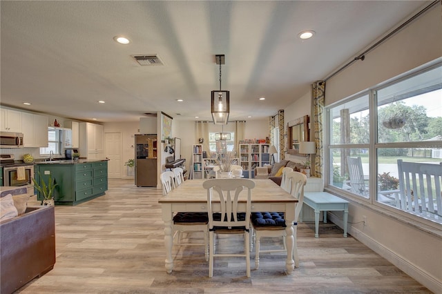 dining space featuring light hardwood / wood-style flooring and sink