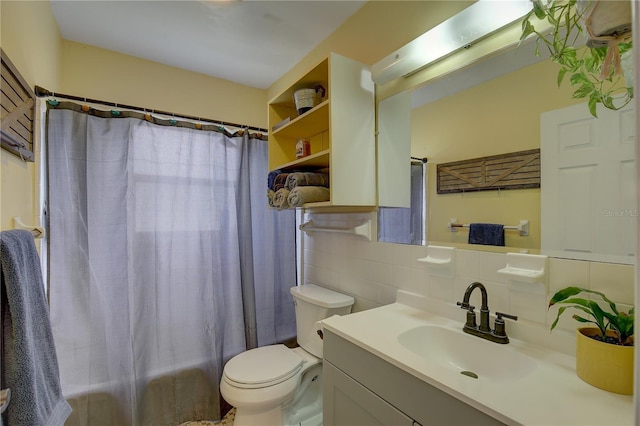 full bathroom featuring tile walls, shower / bathtub combination with curtain, tasteful backsplash, vanity, and toilet