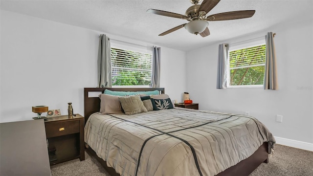 bedroom with light carpet, a textured ceiling, baseboards, and multiple windows