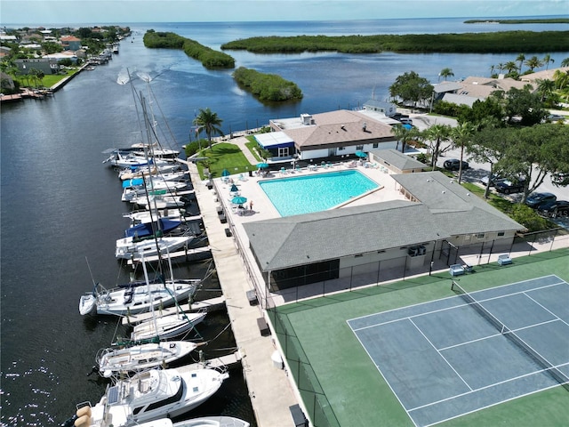 drone / aerial view featuring a water view