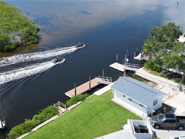 aerial view featuring a water view