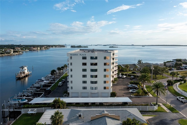 drone / aerial view featuring a water view