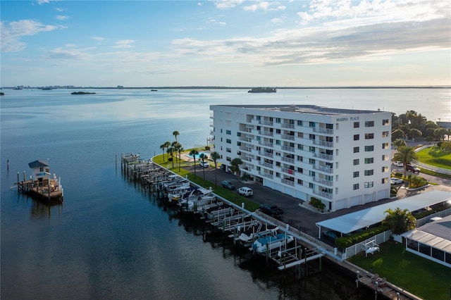 bird's eye view with a water view