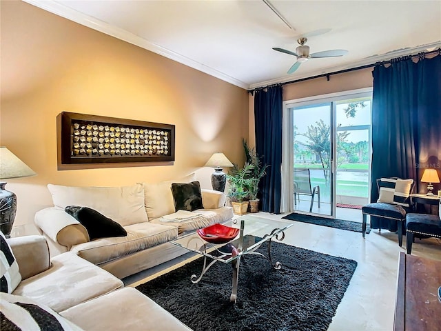 living area featuring crown molding, finished concrete flooring, and ceiling fan