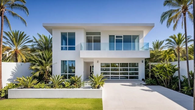 view of front facade featuring fence, concrete driveway, a balcony, and stucco siding