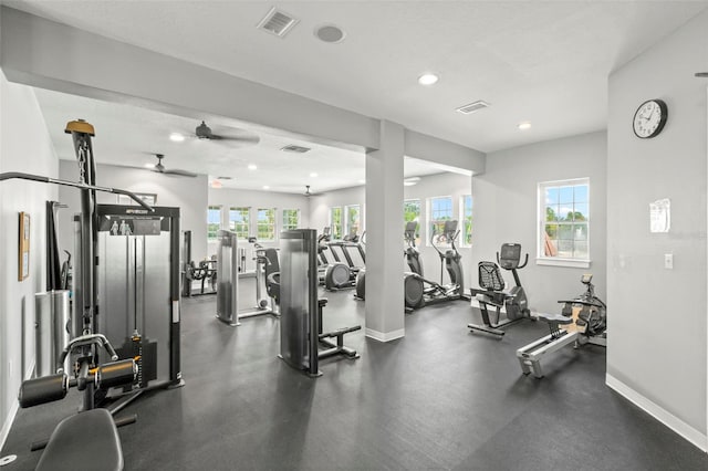 workout area featuring ceiling fan