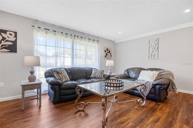 living room featuring hardwood / wood-style flooring, a textured ceiling, and crown molding