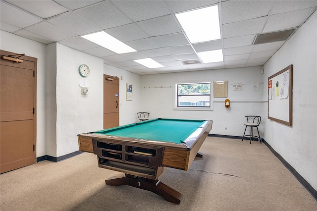 playroom featuring light carpet, pool table, and a paneled ceiling