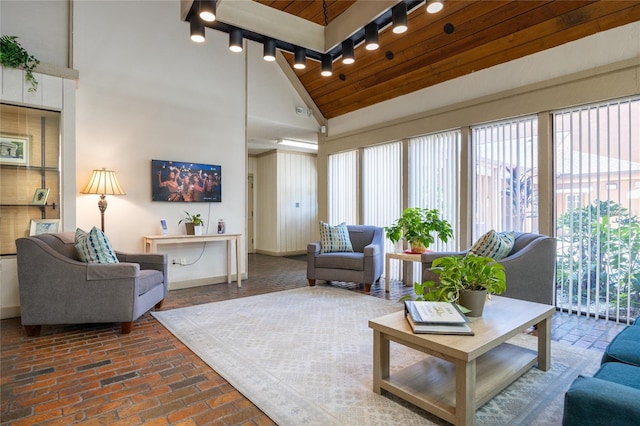 living room featuring high vaulted ceiling and wooden ceiling