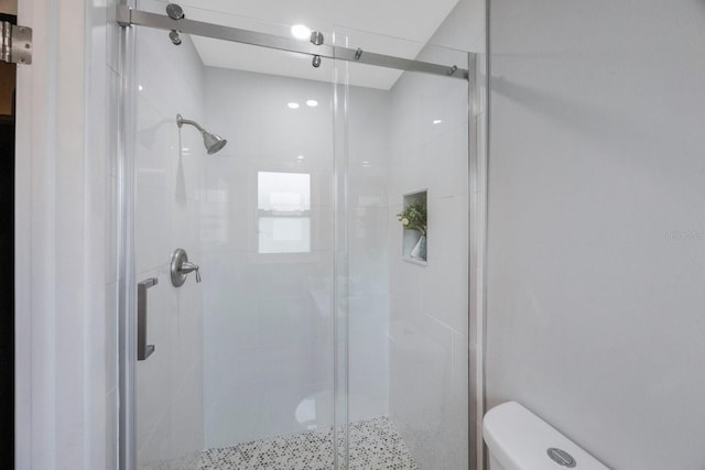 bathroom featuring a shower stall and toilet