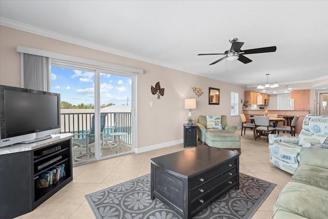 living room featuring ornamental molding and a healthy amount of sunlight