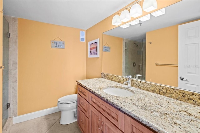 bathroom with a stall shower, baseboards, toilet, tile patterned flooring, and vanity