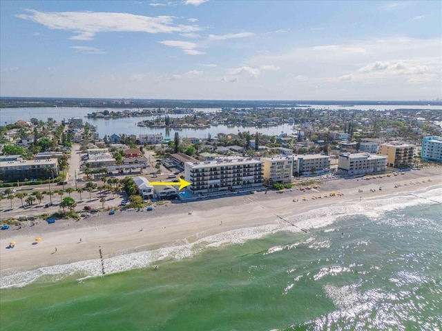 bird's eye view with a view of the beach, a water view, and a city view