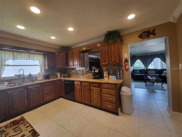 kitchen featuring decorative backsplash, dishwasher, sink, crown molding, and light tile patterned flooring