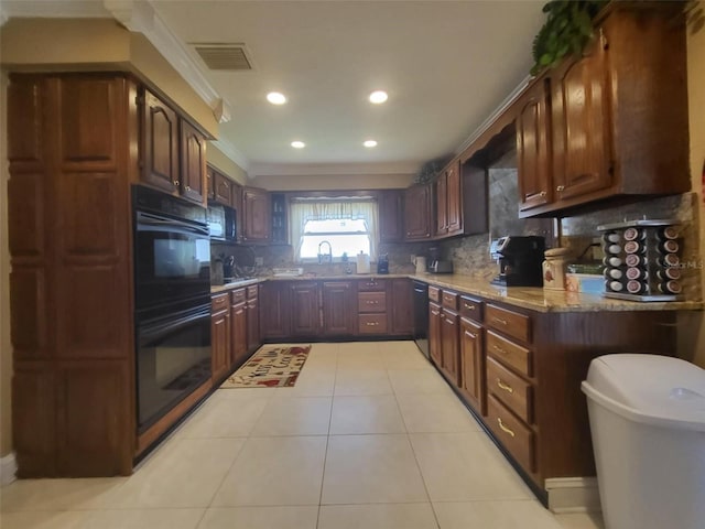 kitchen featuring backsplash, ornamental molding, sink, black appliances, and light tile patterned floors