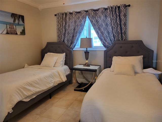 tiled bedroom featuring crown molding