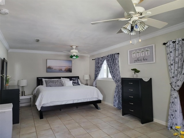 tiled bedroom with ceiling fan and ornamental molding