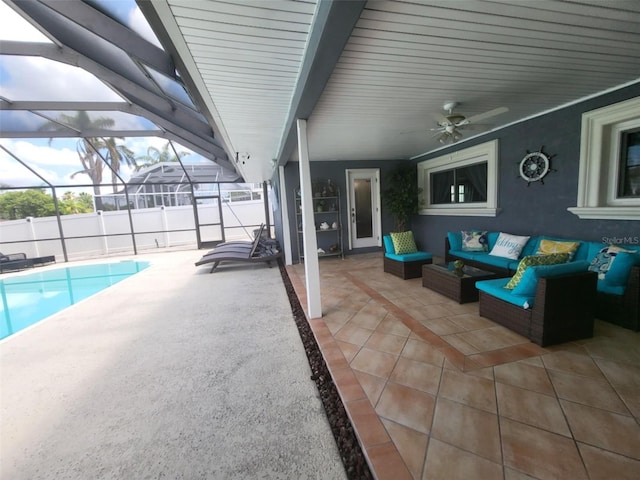 view of patio featuring an outdoor living space, glass enclosure, a fenced in pool, and ceiling fan