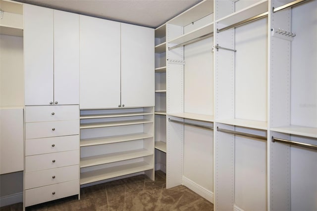 spacious closet featuring dark colored carpet