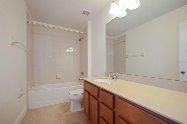 bathroom with shower / bath combination, visible vents, toilet, tile patterned flooring, and vanity