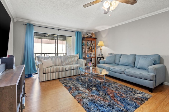 living room with ceiling fan, light hardwood / wood-style floors, a textured ceiling, and ornamental molding