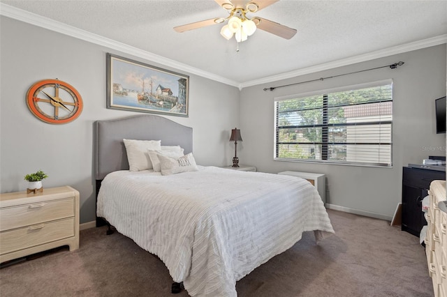 bedroom featuring ceiling fan, carpet, crown molding, and a textured ceiling