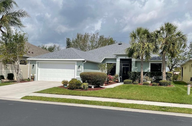 ranch-style home with a garage and a front yard