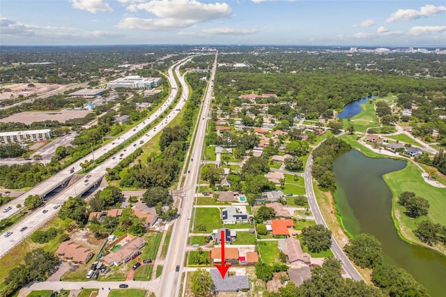 bird's eye view with a water view