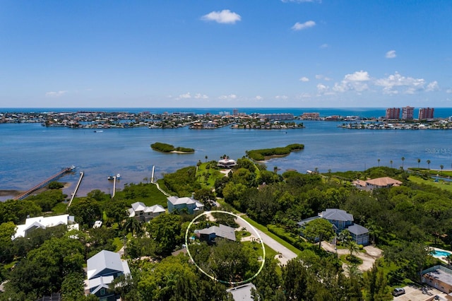 drone / aerial view featuring a water view